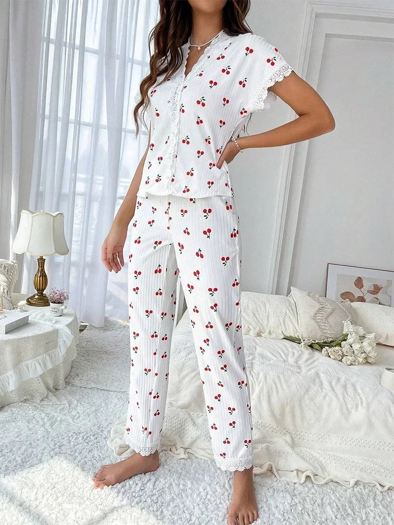 Cherry Print Full-Length Nightwear Set